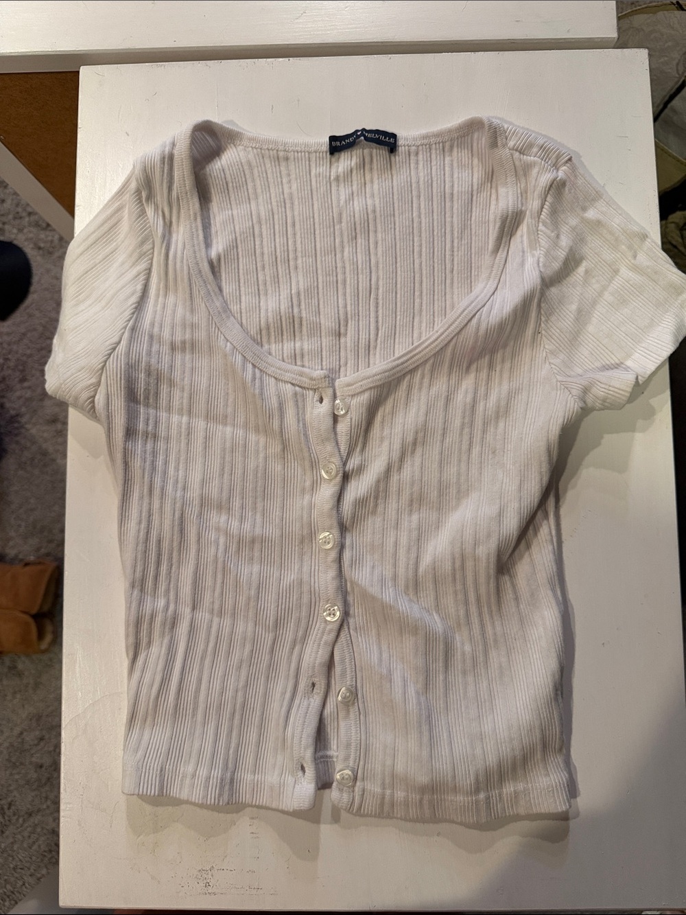 Brandy Melville Short Sleeve Ribbed Button-Front Top - White